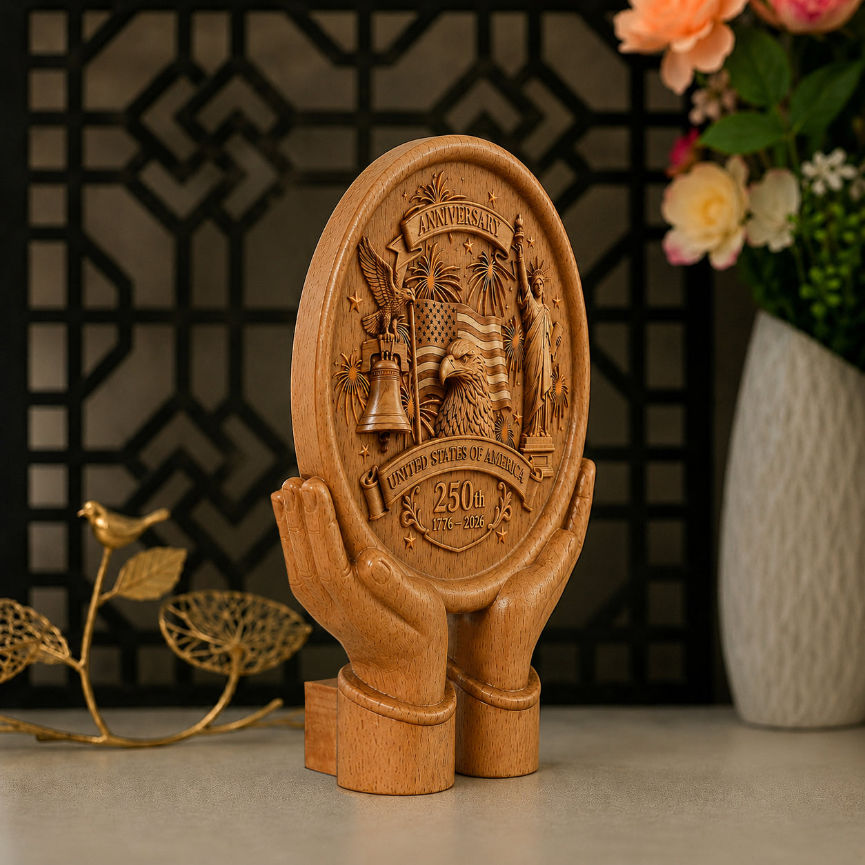America 250th Anniversary Wooden Sculpture - Handcrafted Wooden Statue