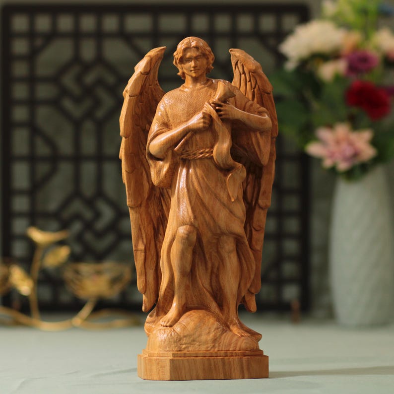 Archangel Gabriel Saint Statue Wooden - Handcrafted Wooden Statue