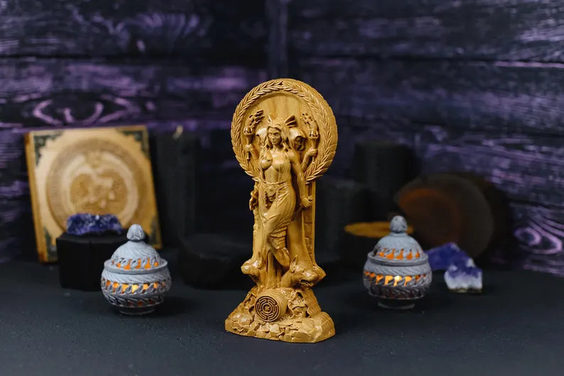 Handcrafted Wooden Hecate Statue – Goddess of Magic, Intuition and Transformation, GR0015
