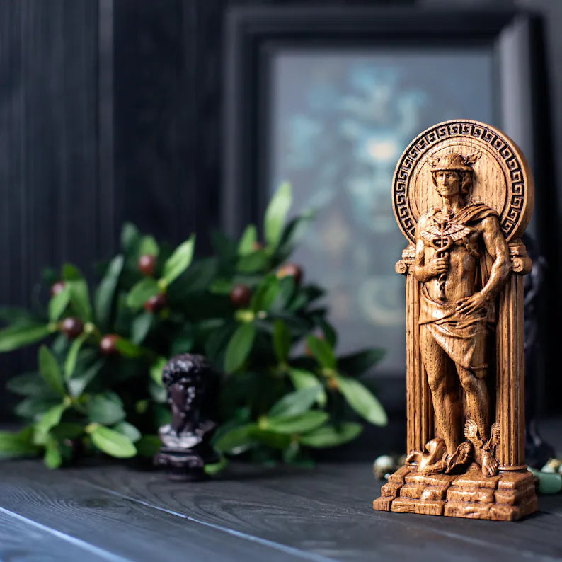 Handcrafted Wooden Hermes Statue – God of Commerce, Travel and Success, GR0012