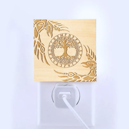 Yggdrasil, Huginn & Muninn Engraved Wooden LED Night Light - NLVK0008