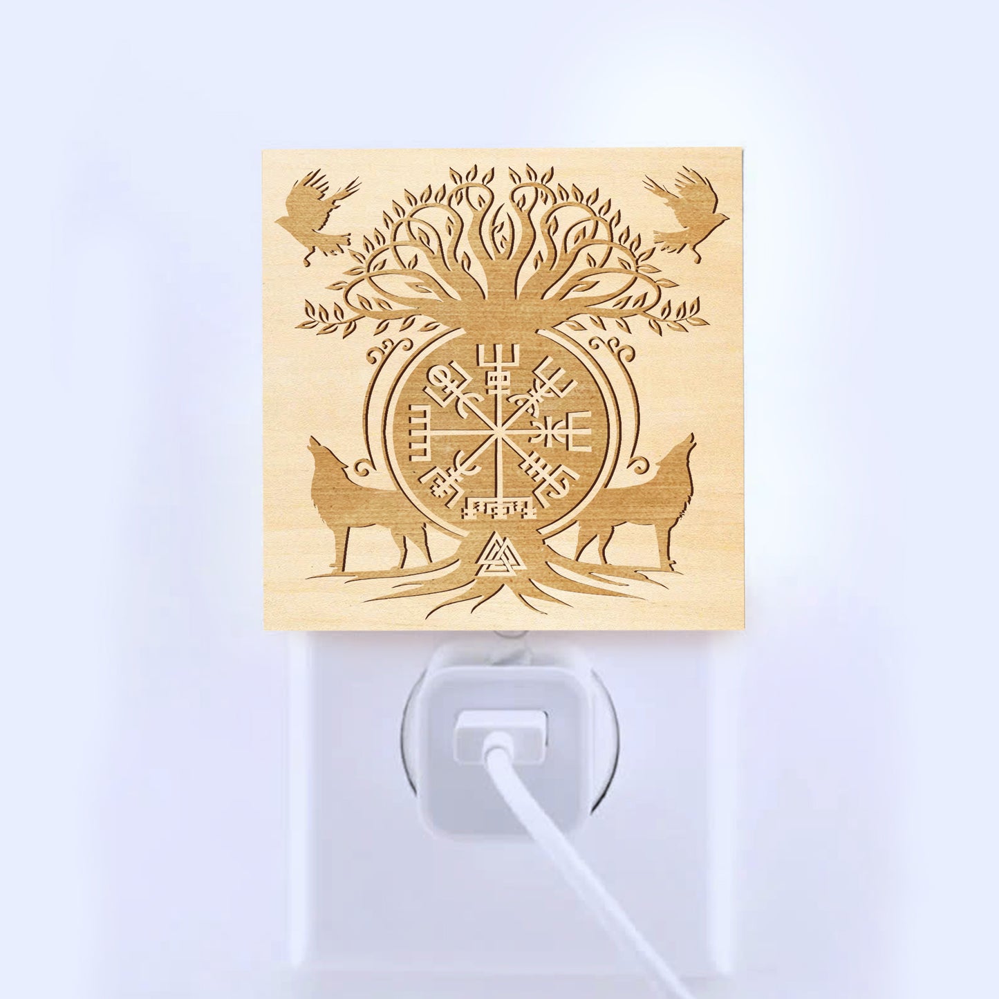 Sacred Norse Symbols Engraved Wooden LED Night Light - NLVK0007