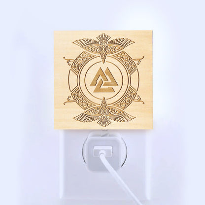 Odin's Ravens & Valknut Engraved Wooden LED Night Light - NLVK0015