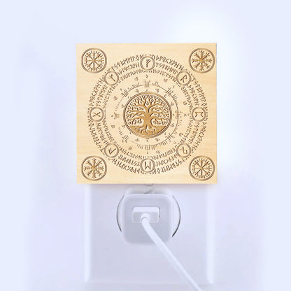 Yggdrasil, Vegvisir & Aegishjalmur Engraved Wooden LED Night Light - NLVK0010