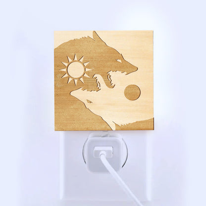 Sun & Moon Viking Wolves Engraved Wooden LED Night Light - NLVK0011