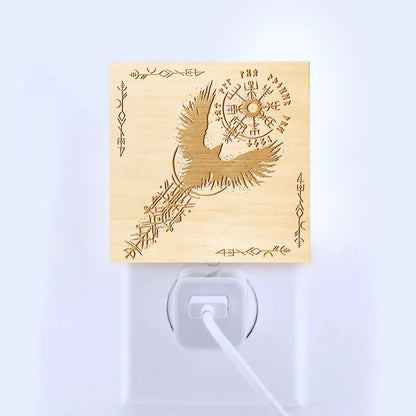 Viking Raven & Vegvisir Engraved Wooden LED Night Light - NLVK0006