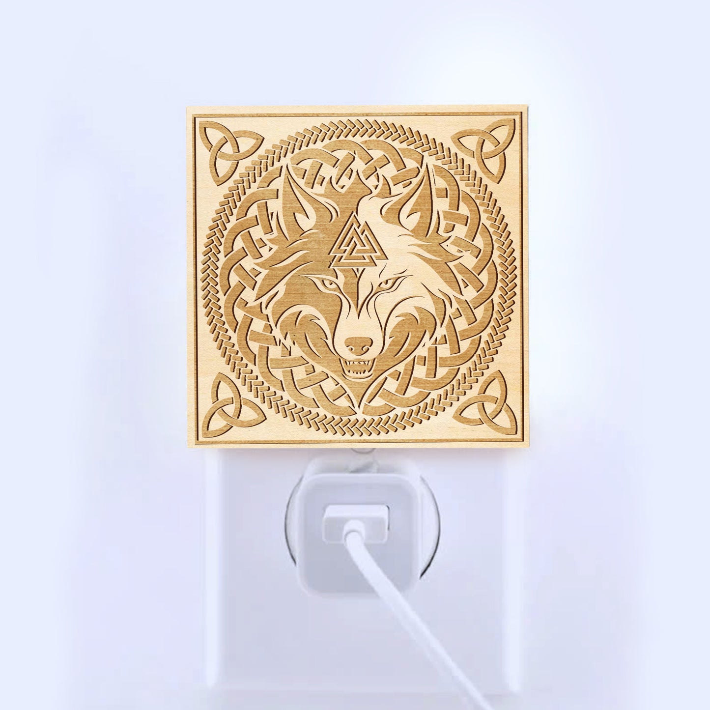 Viking Wolf & Valknut Engraved Wooden LED Night Light - NLVK0014