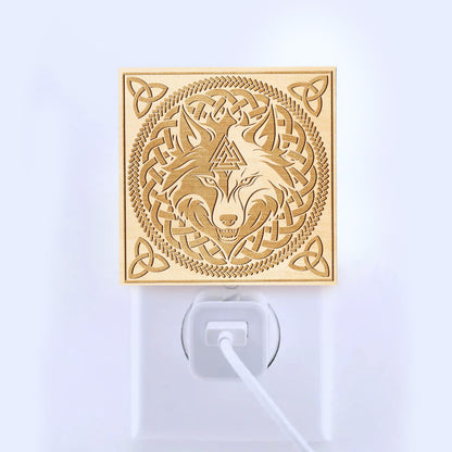 Viking Wolf & Valknut Engraved Wooden LED Night Light - NLVK0014