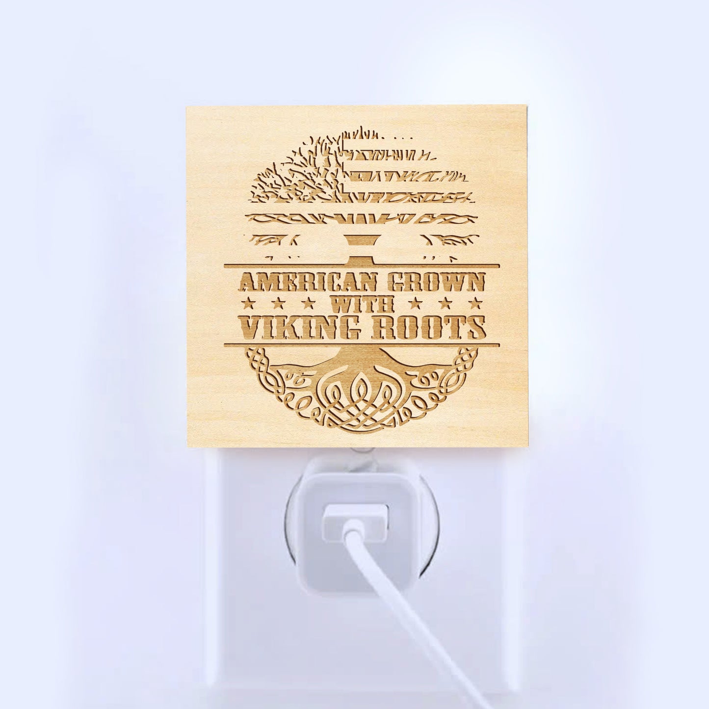 American Grown with Viking Roots, Engraved Wooden LED Night Light - NLVK0003