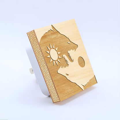 Sun & Moon Viking Wolves Engraved Wooden LED Night Light - NLVK0011