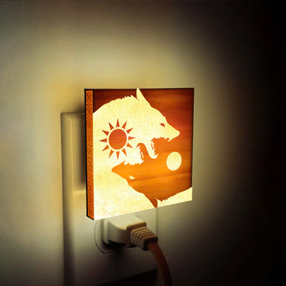 Sun & Moon Viking Wolves Engraved Wooden LED Night Light - NLVK0011