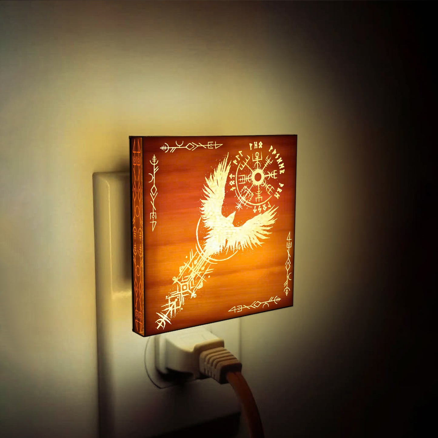 Viking Raven & Vegvisir Engraved Wooden LED Night Light - NLVK0006
