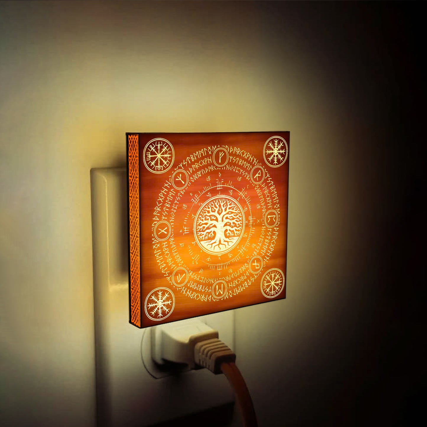 Yggdrasil, Vegvisir & Aegishjalmur Engraved Wooden LED Night Light - NLVK0010