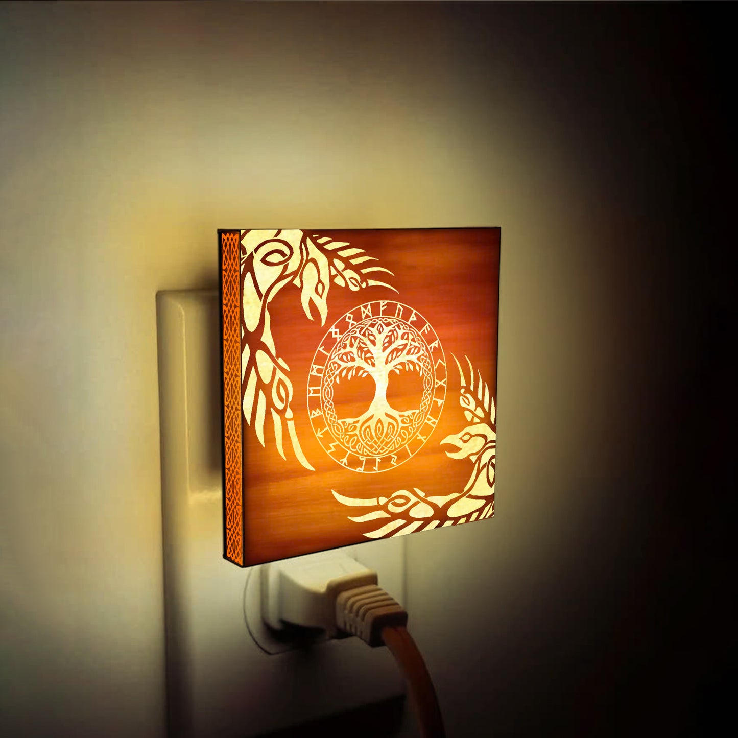 Yggdrasil, Huginn & Muninn Engraved Wooden LED Night Light - NLVK0008