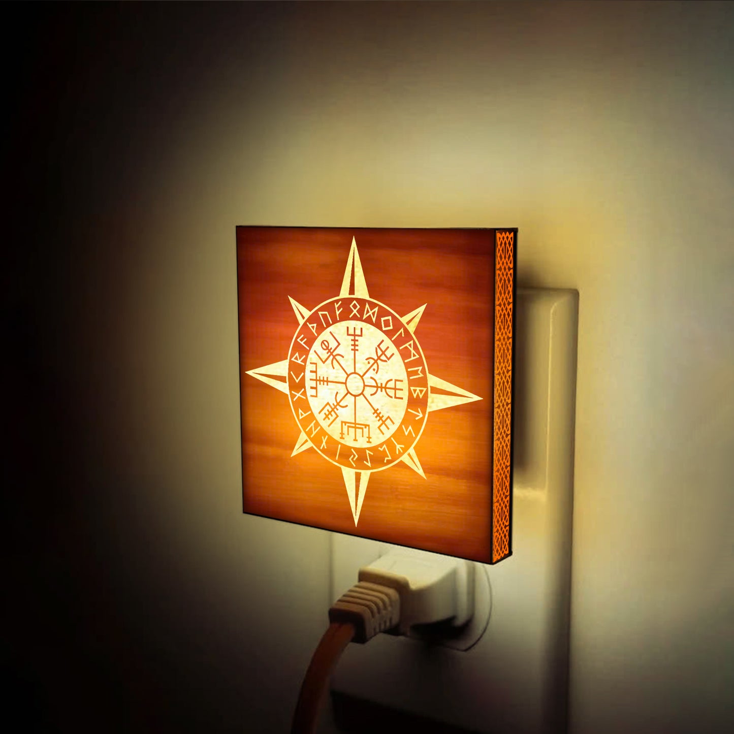 Vegvisir Viking Compass Engraved Wooden LED Night Light - NLVK0016