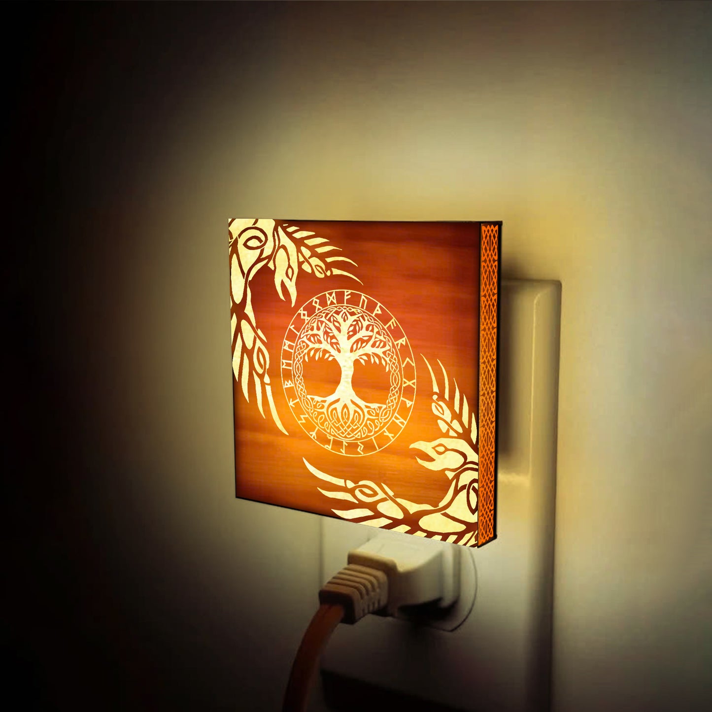 Yggdrasil, Huginn & Muninn Engraved Wooden LED Night Light - NLVK0008
