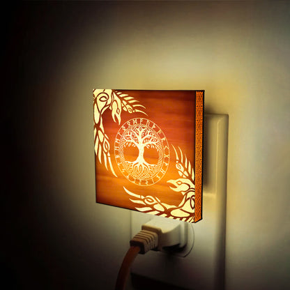 Yggdrasil, Huginn & Muninn Engraved Wooden LED Night Light - NLVK0008