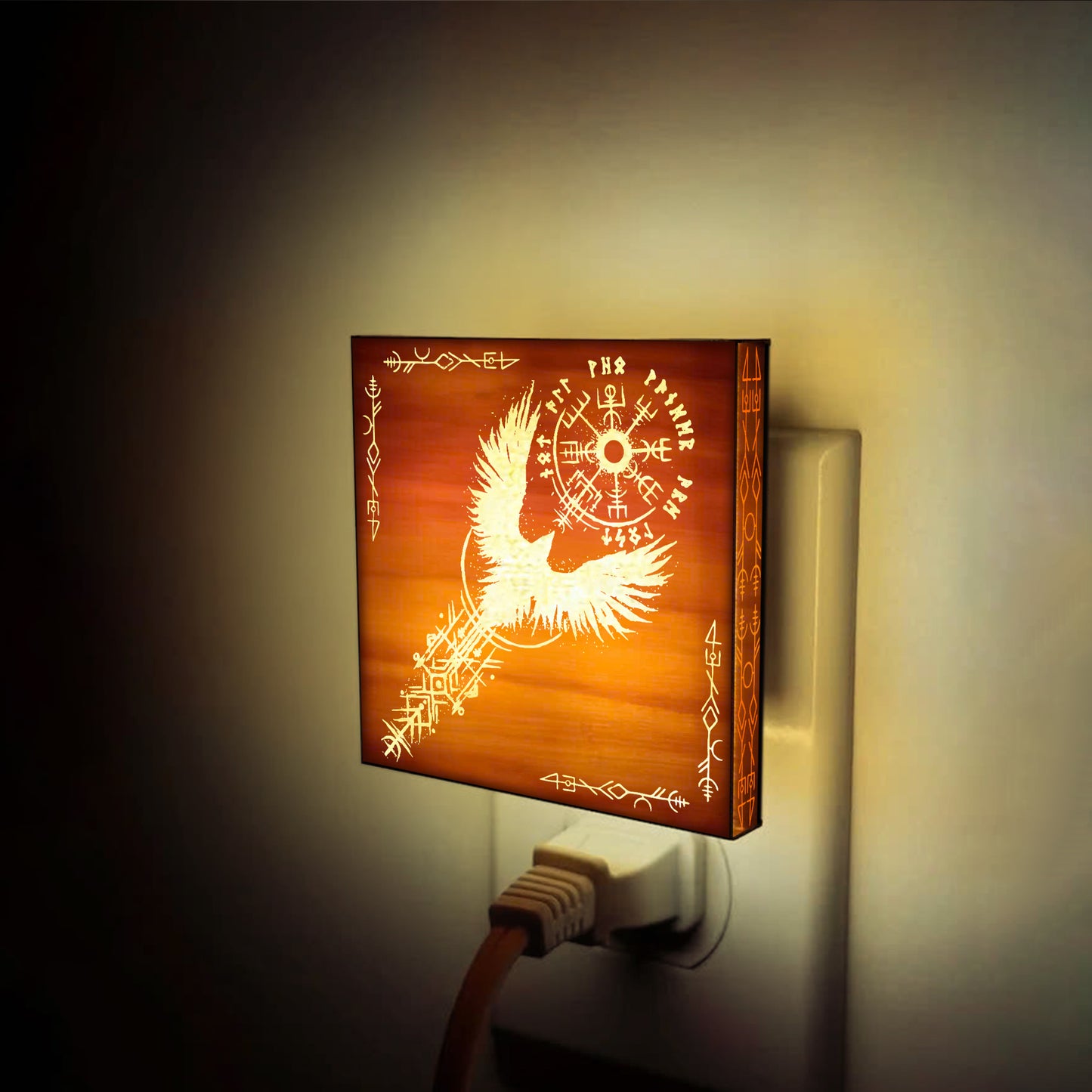Viking Raven & Vegvisir Engraved Wooden LED Night Light - NLVK0006