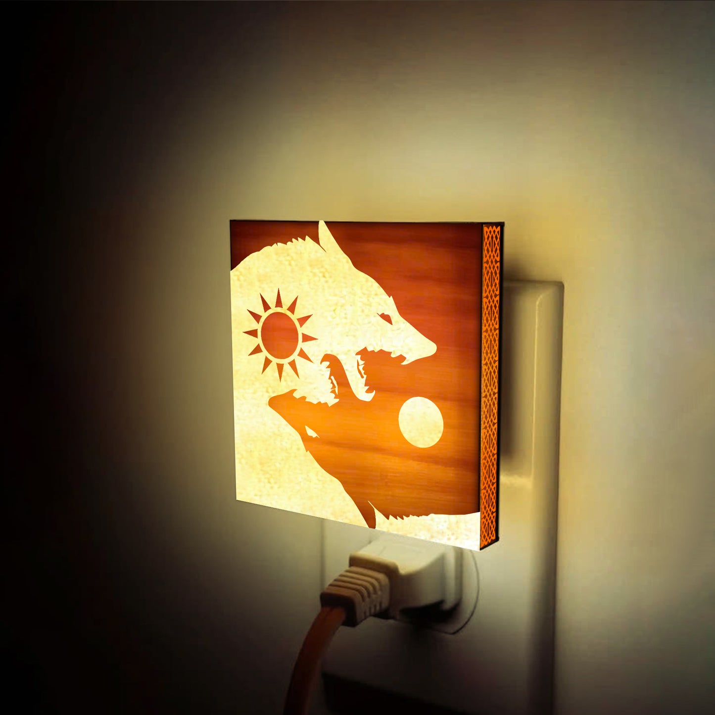 Sun & Moon Viking Wolves Engraved Wooden LED Night Light - NLVK0011