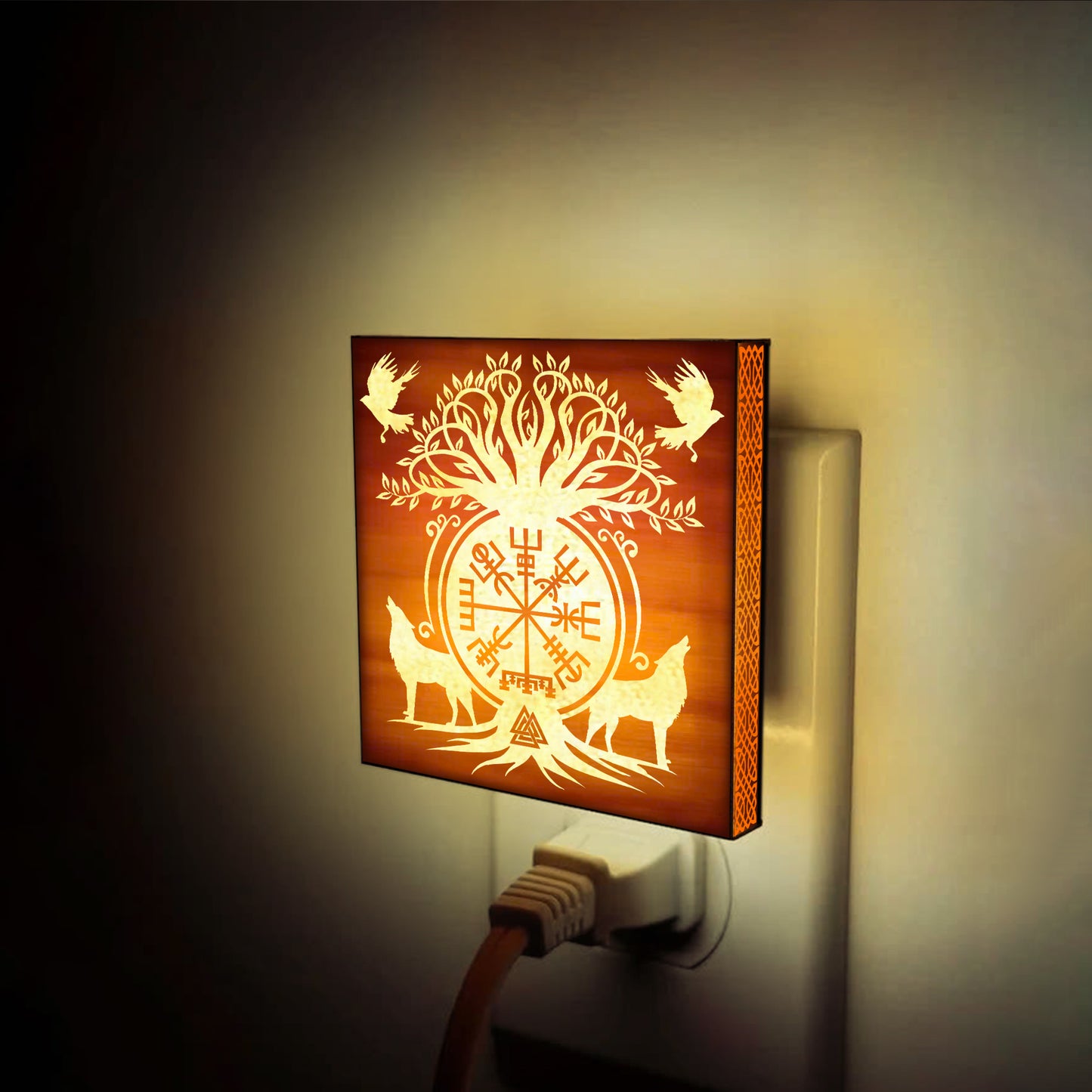 Sacred Norse Symbols Engraved Wooden LED Night Light - NLVK0007