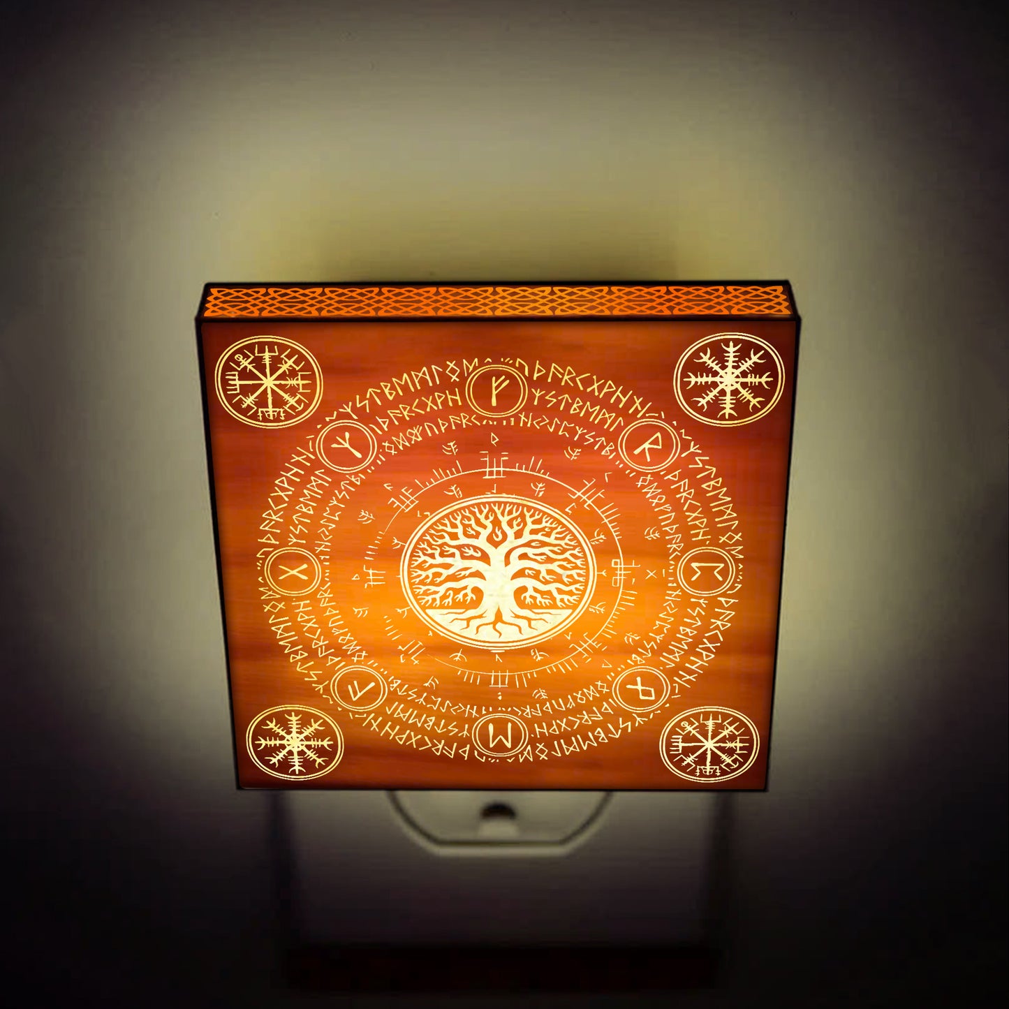 Yggdrasil, Vegvisir & Aegishjalmur Engraved Wooden LED Night Light - NLVK0010