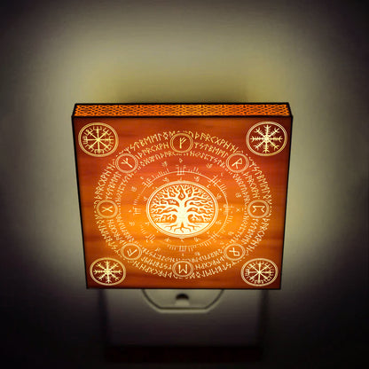 Yggdrasil, Vegvisir & Aegishjalmur Engraved Wooden LED Night Light - NLVK0010