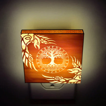 Yggdrasil, Huginn & Muninn Engraved Wooden LED Night Light - NLVK0008