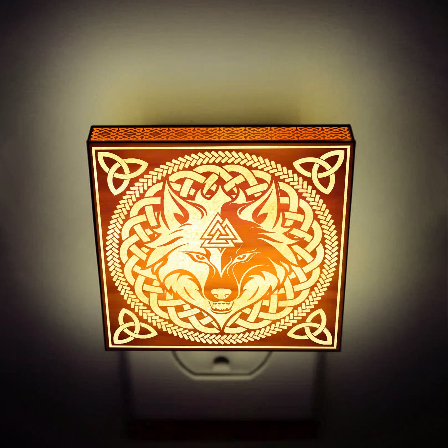 Viking Wolf & Valknut Engraved Wooden LED Night Light - NLVK0014
