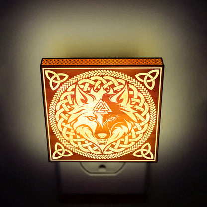 Viking Wolf & Valknut Engraved Wooden LED Night Light - NLVK0014