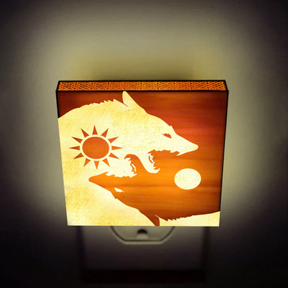 Sun & Moon Viking Wolves Engraved Wooden LED Night Light - NLVK0011