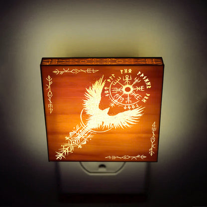 Viking Raven & Vegvisir Engraved Wooden LED Night Light - NLVK0006