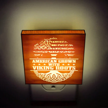 American Grown with Viking Roots, Engraved Wooden LED Night Light - NLVK0003
