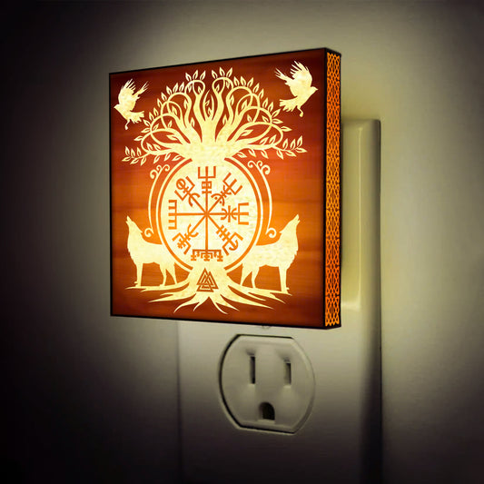 Sacred Norse Symbols Engraved Wooden LED Night Light - NLVK0007