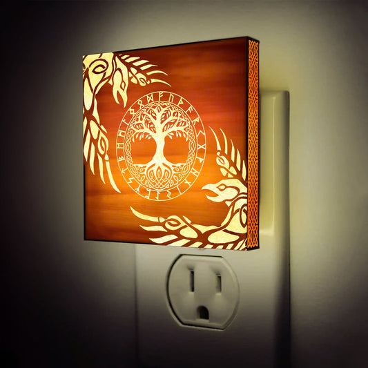 Yggdrasil, Huginn & Muninn Engraved Wooden LED Night Light - NLVK0008