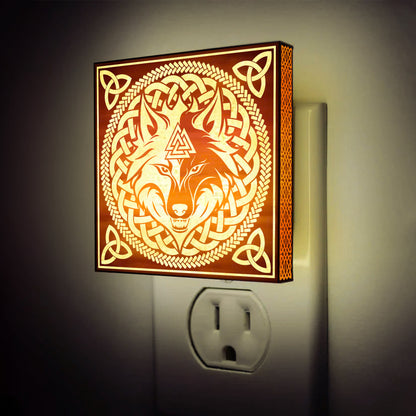 Viking Wolf & Valknut Engraved Wooden LED Night Light - NLVK0014