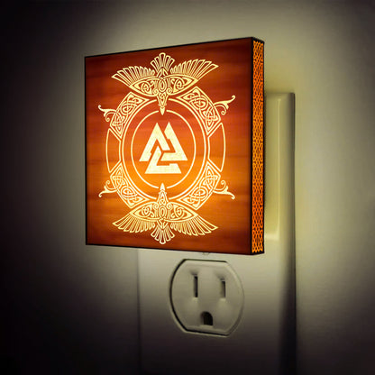 Odin's Ravens & Valknut Engraved Wooden LED Night Light - NLVK0015