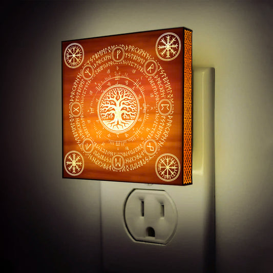 Yggdrasil, Vegvisir & Aegishjalmur Engraved Wooden LED Night Light - NLVK0010