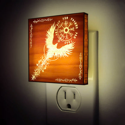 Viking Raven & Vegvisir Engraved Wooden LED Night Light - NLVK0006