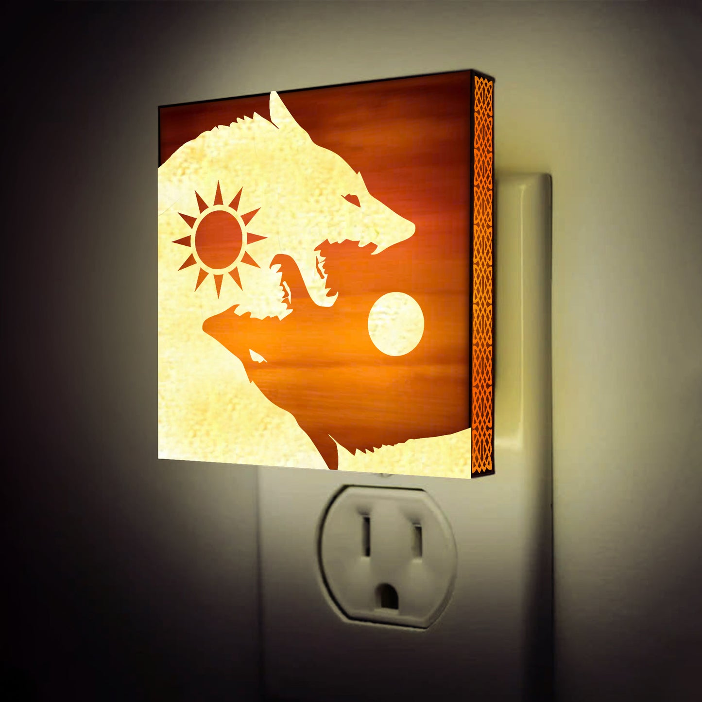Sun & Moon Viking Wolves Engraved Wooden LED Night Light - NLVK0011