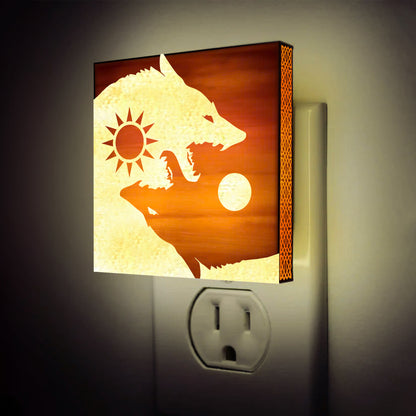 Sun & Moon Viking Wolves Engraved Wooden LED Night Light - NLVK0011
