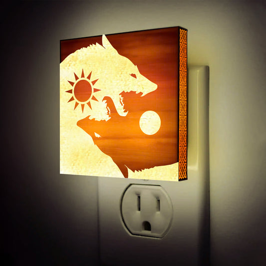 Sun & Moon Viking Wolves Engraved Wooden LED Night Light - NLVK0011