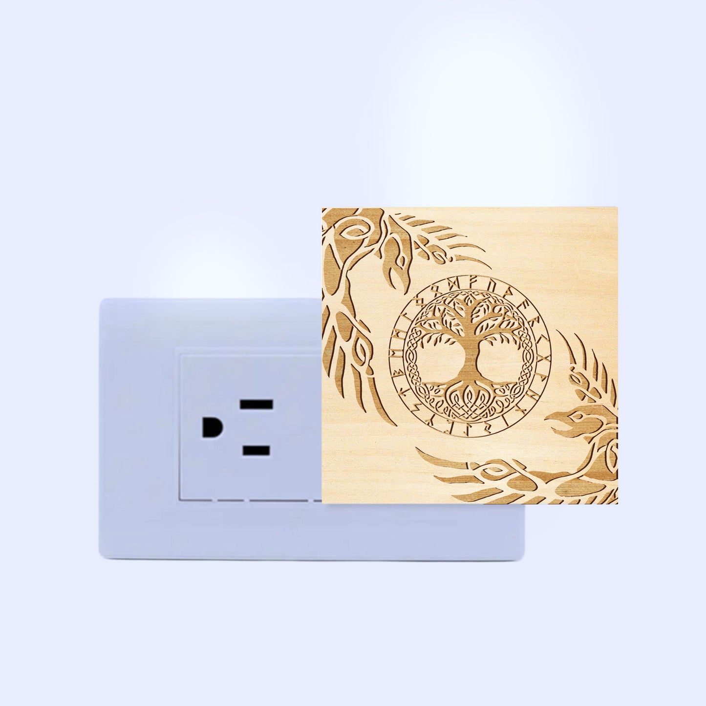 Yggdrasil, Huginn & Muninn Engraved Wooden LED Night Light - NLVK0008