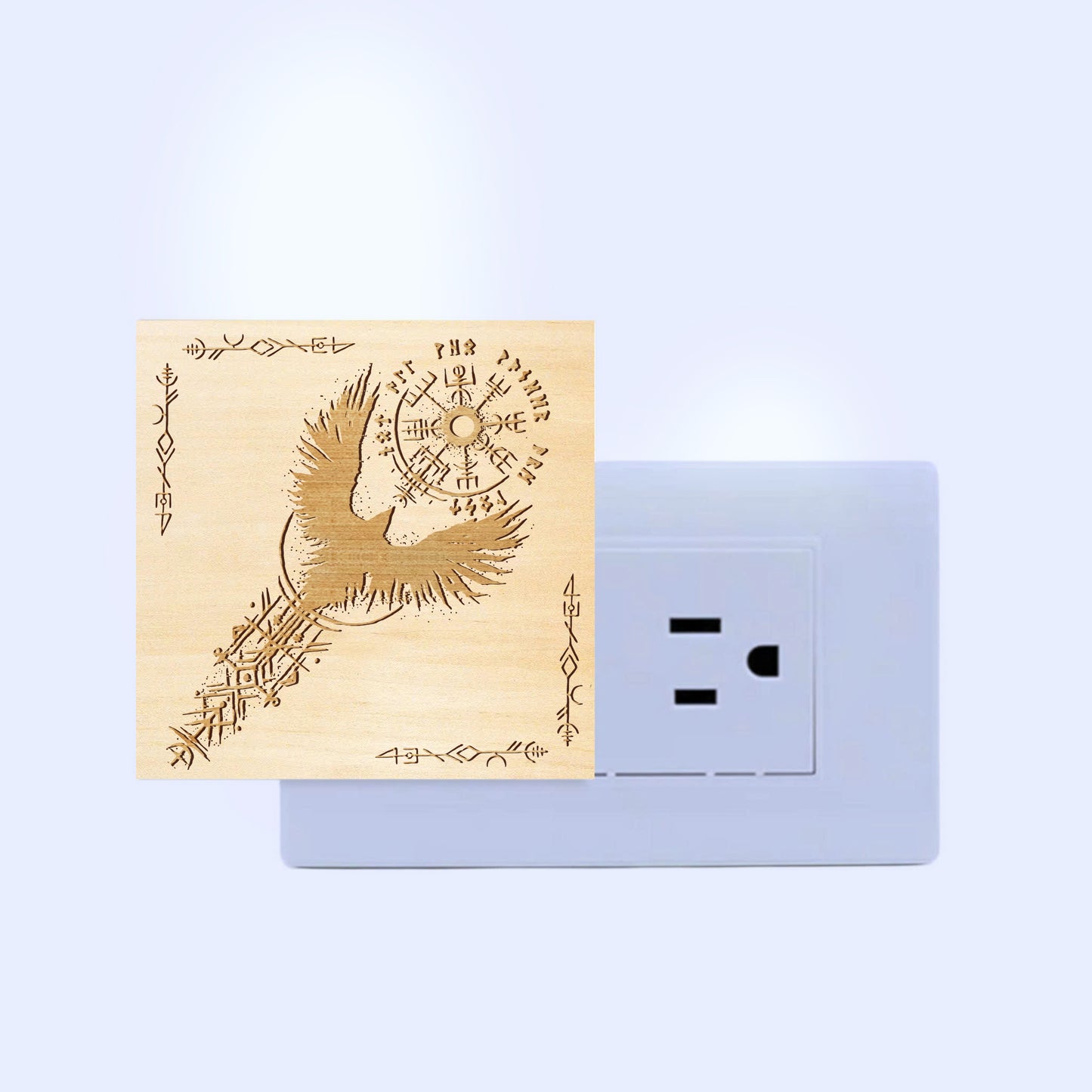 Viking Raven & Vegvisir Engraved Wooden LED Night Light - NLVK0006