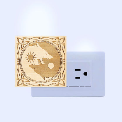 Sun & Moon Viking Wolves Engraved Wooden LED Night Light - NLVK0017