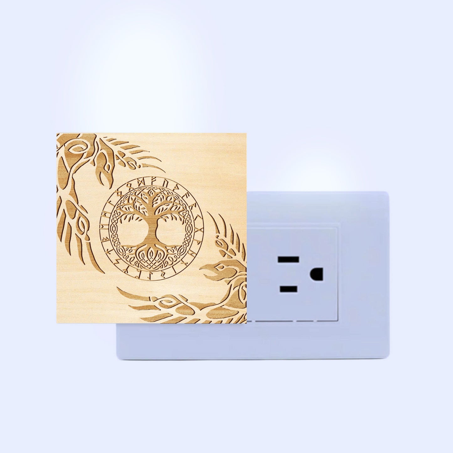 Yggdrasil, Huginn & Muninn Engraved Wooden LED Night Light - NLVK0008