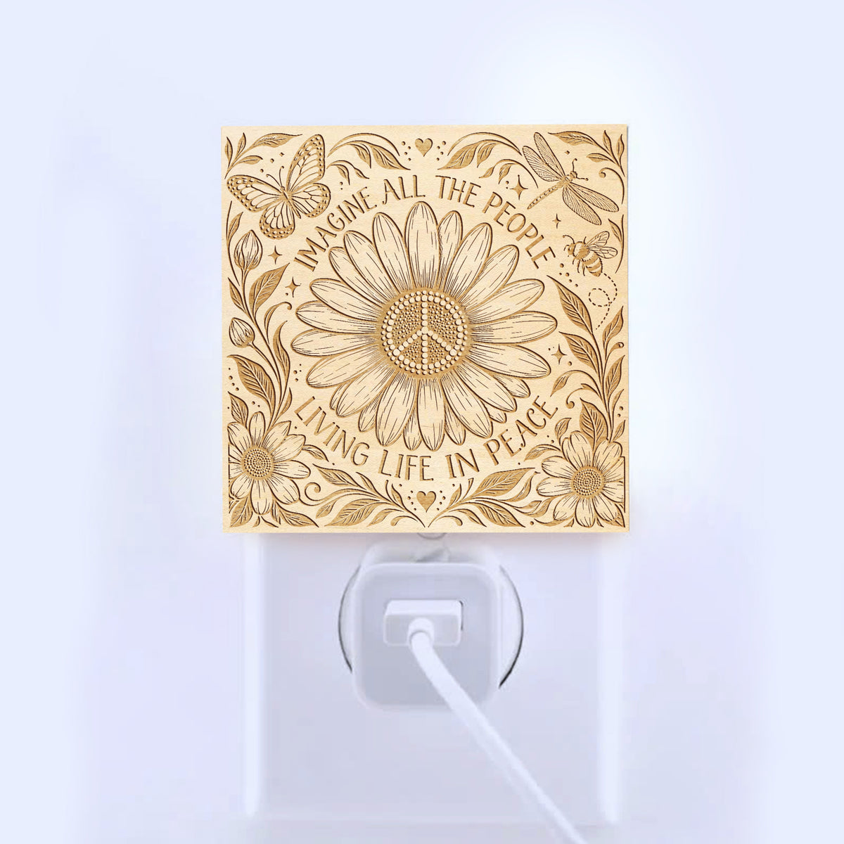 Imagine All The People Living Life in Peace, Artistic Engraved Wooden LED Night Light, PH0017