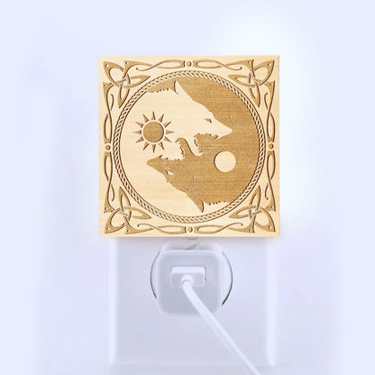 Sun & Moon Viking Wolves Engraved Wooden LED Night Light - NLVK0017
