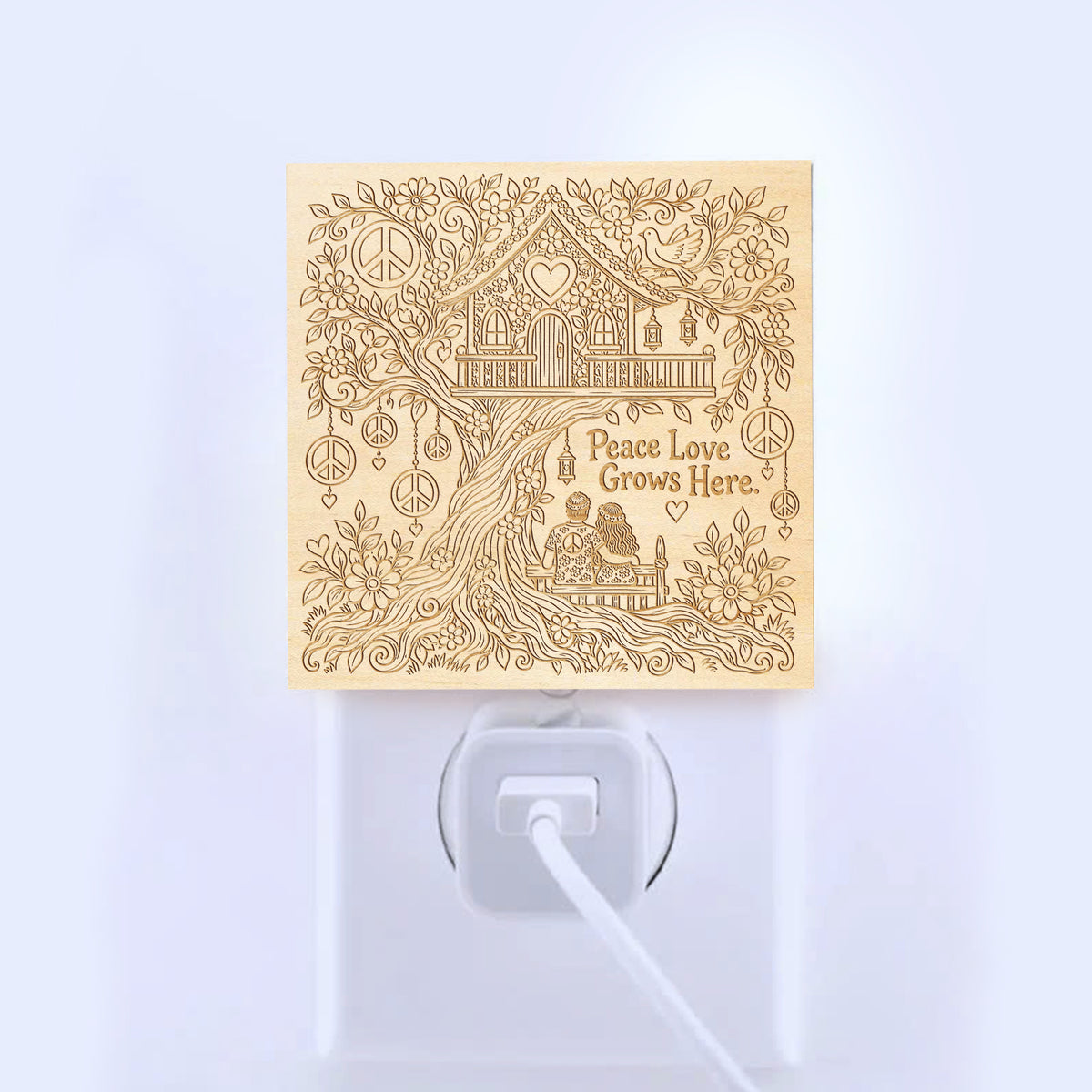 Peace Love Grows Here | Artistic Engraved Wooden LED Night Light | HP0021