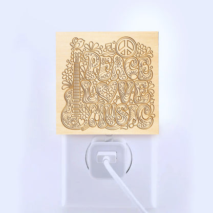 Peace, Love & Music | Artistic Engraved Wooden LED Night Light | HP0005