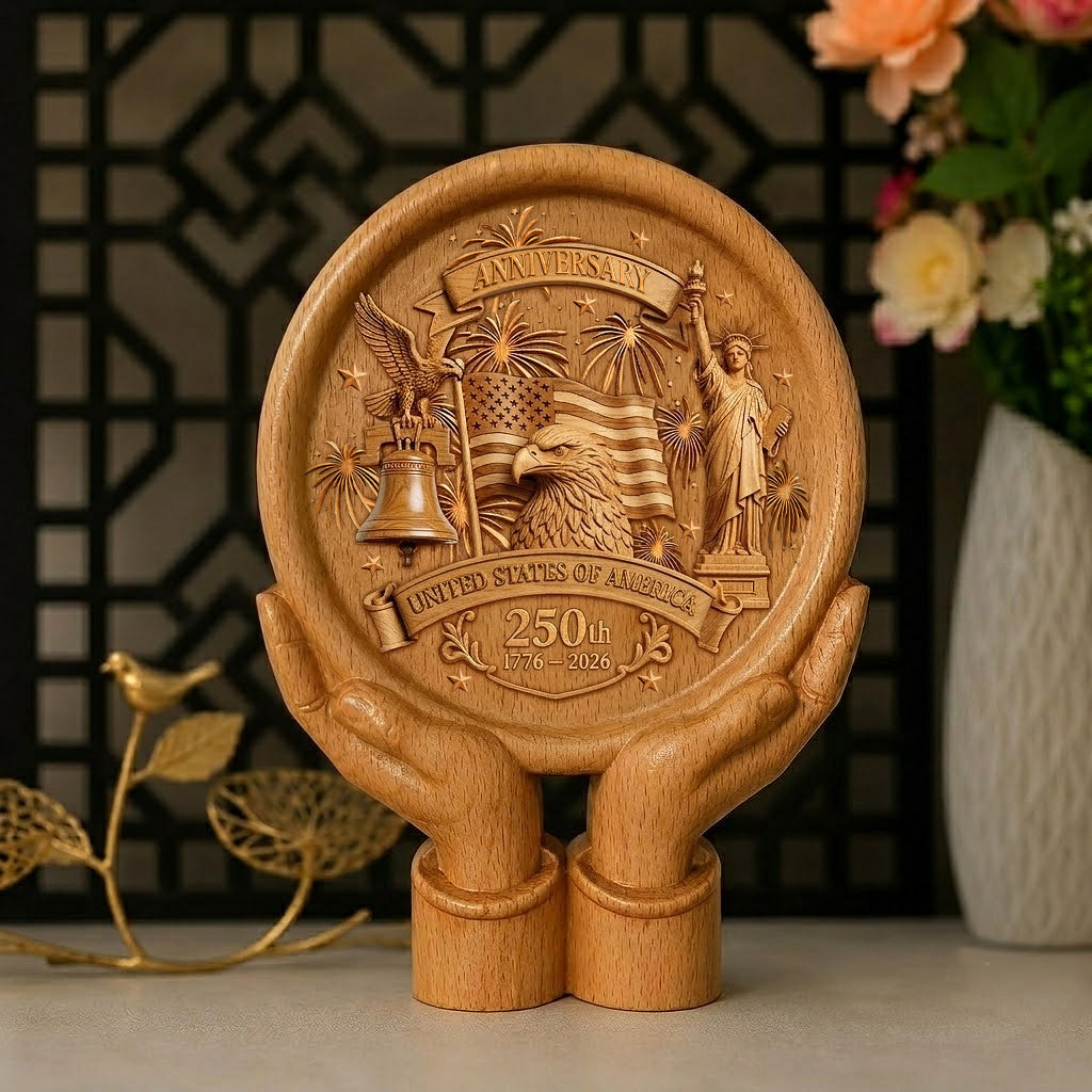 America 250th Anniversary Wooden Sculpture - Handcrafted Wooden Statue